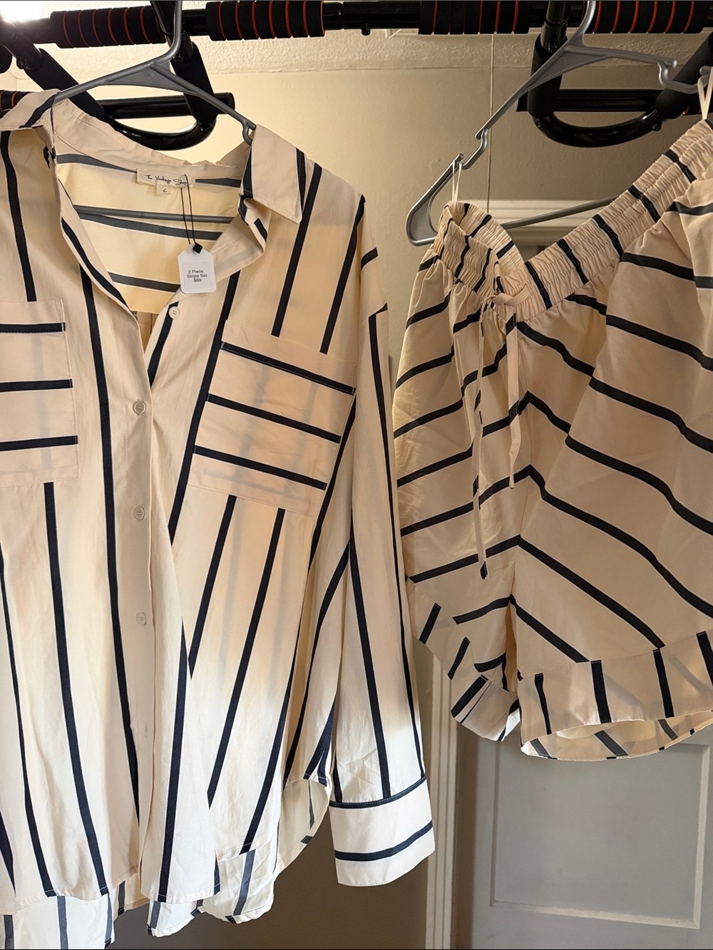 The Vintage Shop Cream and Black Striped Button-Down Set